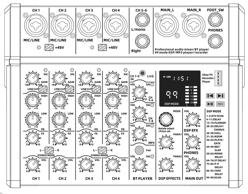 EL172635 E-Lektron A48-DSP Live Mischpult 4-Kanal + Stereo AUX/BT USB-Interface