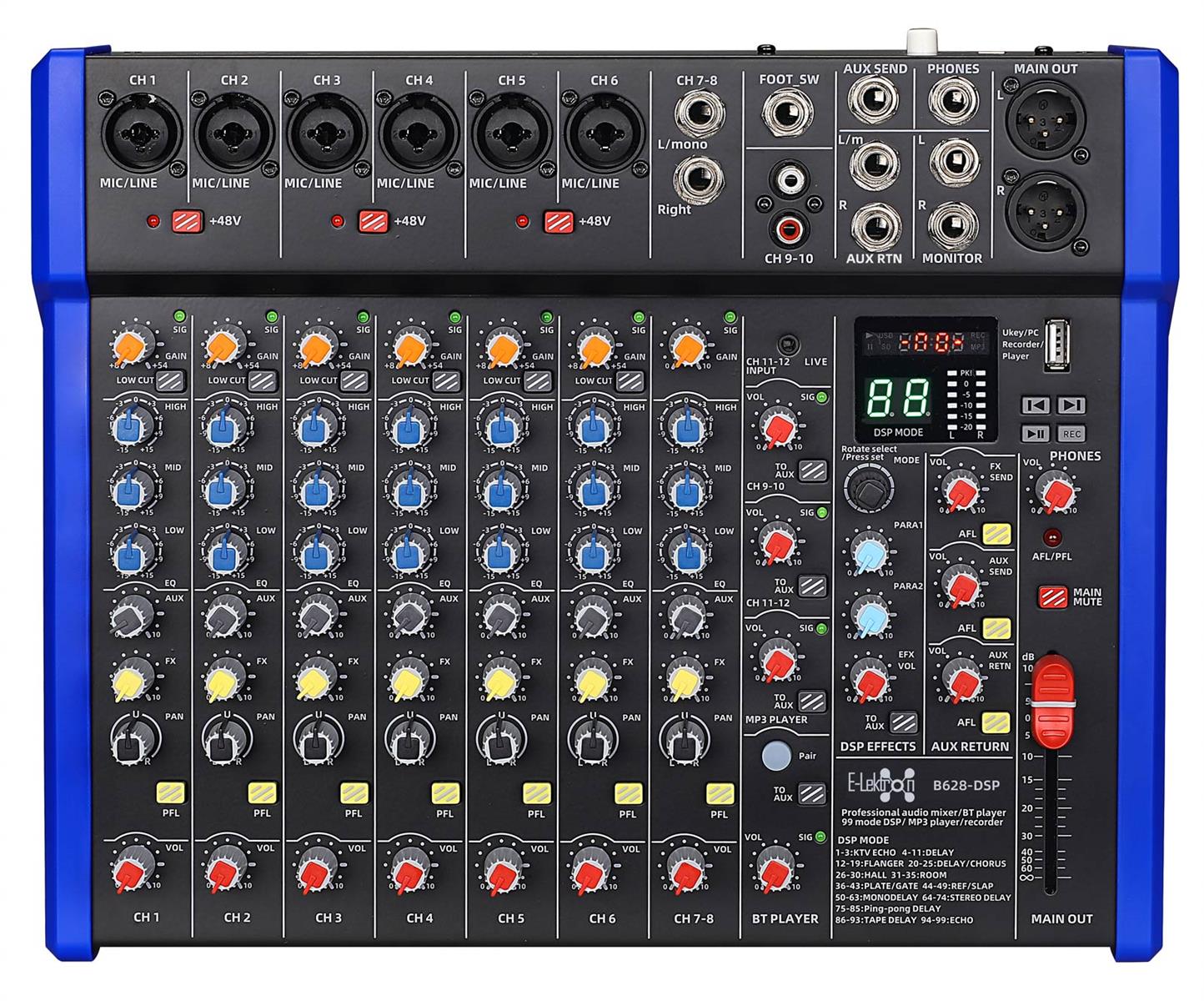 EL172638 E-Lektron B628-DSP Live Mischpult 6-Kanal + Stereo AUX/BT USB-Interface